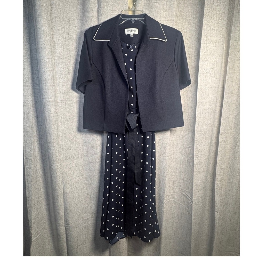 Studio I Womens Navy Polka Dot Dress and Cropped Jacket mock 2 Piece Set Size 12